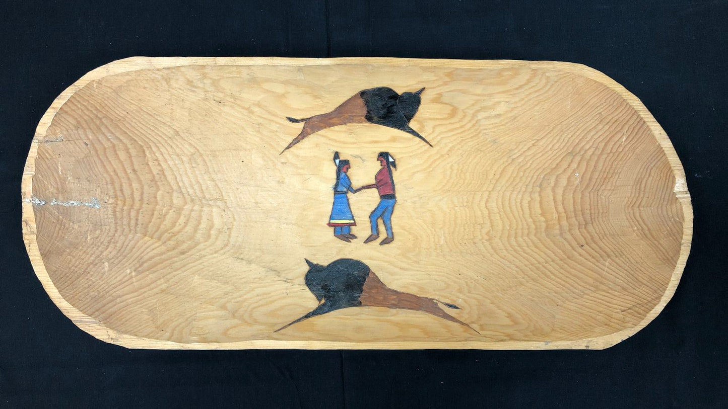 Native Imagery Carved Wood Buffalo And Couple Table Center Piece - Signed