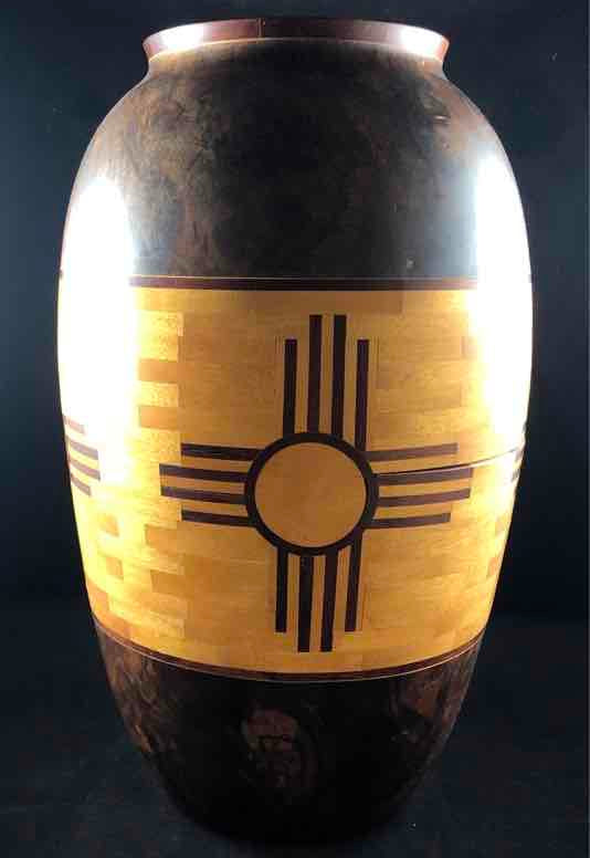 E. H. Lindquist Large Handmade Black Walnut And Bloodwood Wooden Inlaid Zia Vase