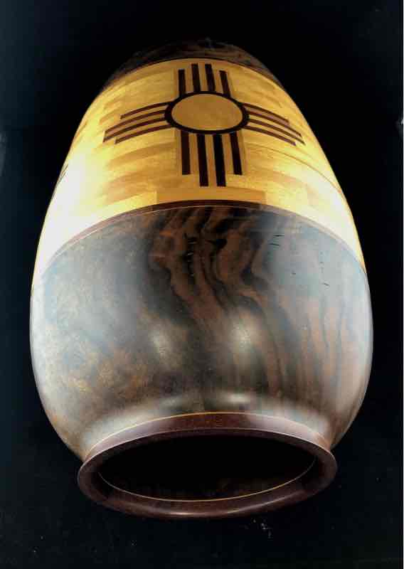 E. H. Lindquist Large Handmade Black Walnut And Bloodwood Wooden Inlaid Zia Vase